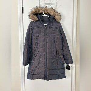 Lands' End Blue Winter Puffer Jacket - 80% Goose Down, Faux Fur Hood (Size M)